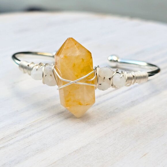 Citrine & Moonstone Wire Wrap Cuff – 925 Silver Over Copper – Energy & Balance - Picture 7 of 14